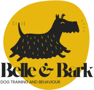 Cropped Belle & Bark logo with gold background and tagline